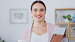 Business woman, portrait and face with a smile in corporate office while happy and confident. Closeup of a female entrepreneur person with a coffee and files for professional career, mission or goals