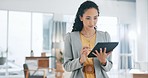 Internet, tablet and business woman in office for social media, networking and website research. Communication, corporate workplace and female worker on digital tech for email, chat and text message