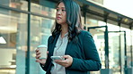 Coffee, phone and business woman walking using social media in the morning searching outside office buildings. City, tea and employee or worker commuting, texting and walk to work doing online search