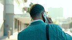 Business, phone call and back of man in city for conversation, mobile networking or chat. Head of male worker walking outdoor for mobile communication, smartphone contact and speaking in urban street