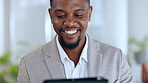 Happy black man, face and tablet laughing for social media, funny joke or meme at the office. African American businessman with laugh and smile for fun communication on technology at the workplace