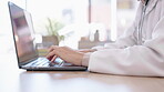Hands, research or doctor typing on laptop for medical review, data analysis or surgery feedback in hospital. Digital, closeup or healthcare person working or planning an online report or strategy 
