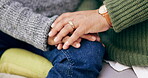 Closeup, couple and holding hands for love, care and support of loyalty, kindness or hope together. Man, woman and hand of life partner, empathy and relax in marriage relationship, gratitude or trust