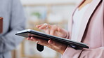 Hands, tablet and research with a business woman in the office to search for information on the internet. Data, planning and networking with a female employee working online using technology closeup