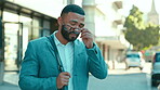 Phone, thinking and a business man walking in the city during a morning commute into work from the back. Glasses, sidewalk and corporate with a male employee in an urban town for professional travel