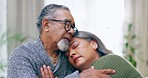 Senior couple, relax and hug in living room, lounge and couch for love, care and peace. Elderly man, calm woman and hugging in support, retirement and commitment to marriage, quality time and trust