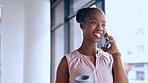 Black woman, phone call and walking in office building happy, smile and confident while networking. Smartphone, conversation and African business lady negotiating, planning or discussing startup plan