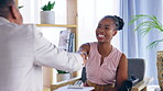 Business people, handshake and interview for meeting, b2b or partnership in recruitment at the office. Happy businessman and woman shaking hands for introduction, welcome or greeting at the workplace