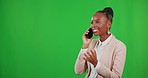 Phone call, talking and black woman on green screen in studio isolated on a background mockup. Cellphone, happiness and business person or professional chatting, speaking or discussion with contact.