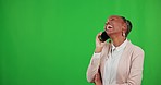 Phone call, talking and black woman laughing on green screen in studio isolated on a background mockup. Cellphone, funny and business person speaking, chatting and comic discussion with contact.