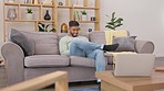 Relax, sofa and man with phone happy, laughing and smile for funny website, online videos and meme. Home, contact and male on couch on smartphone for social media, internet and mobile app on weekend