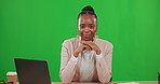 Laptop, business and face of black woman on green screen in studio isolated on a background mockup. Portrait, computer and happiness of African person, professional or entrepreneur with smile for job