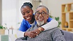 Elderly man, nurse and hug with face, smile and care in house for retirement, wellness and happiness. Nursing home, black woman and senior male with portrait, support and happy for healthcare service