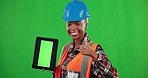 Tablet, green screen portrait or black woman builder with thumbs up or mockup space in building industry. African contractor, studio background or happy female construction worker smiling with helmet
