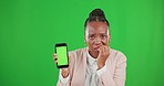 Green screen, phone and black woman worry in studio for advertising, brand and logo mockup. Stress, anxiety and portrait of girl with problem on smartphone for mobile app, website and social media