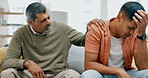 Depression, support or empathy with a father and son talking in the living room to comfort, console or care. Family, love and help with a senior man helping an adult child through pain, grief or loss