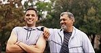 Fitness friends, personal trainer and outdoor with mature man face ready for exercise and sports. Nature, park and confident portrait of men with arms crossed feeling proud of training and workout