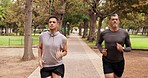 Fitness run, personal trainer and outdoor with mature man running for exercise and sports. Nature, park trail and confident portrait of men with cardio and wellness for sport training and workout