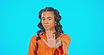 Face, stop hands and woman in studio isolated on a blue background mockup for protest fight, warning or vote. Portrait, female and person with palm for no emoji, refuse or rejection to inequality.