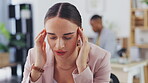 Burnout, office headache and woman stress over business mistake, project deadline or medical emergency. Fatigue, migraine and tired person, female agent or depressed employee with head pain problem