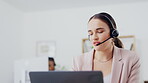 Telemarketing, laptop video call or business woman talking on networking communication, sales pitch or callcenter. Headset, call center office or customer care person consulting on support help desk 