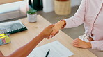 Business women, handshake closeup and office meeting for interview, welcome and hello in partnership, contract or deal. Professional people or clients shaking hands for career agreement or thank you