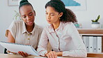 Collaboration, documents and a business women team at work in an office together for planning or strategy. Teamwork, management and meeting with a female employee talking to a colleague while working