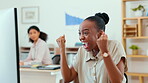 Computer, winner and celebration of black woman in office for achievement, goals or bonus. Winning, excited and happy business person celebrate with employee for success, promotion or good news.