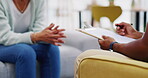 Person, hands or consulting a therapist writing on clipboard notes for healthcare service of cancer therapy. Closeup, nurse or sick patient talking in consultation with paperwork report documents