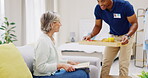 Breakfast, assisted living and retirement with a old woman on a sofa in the living room of her home. Morning, food and a nurse black man serving a meal to an elderly patient in a care facility