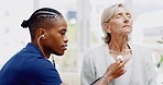 Nurse, senior woman and stethoscope for breathing test for healthcare, wellness or listening for chest problem. Nursing home, listen and breathe with black man, elderly female patient for lung health