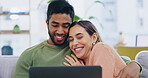 Happy, couple relax and streaming on laptop, watching show and laughing with affection. Content kiss, smile and a man and woman in conversation about a film, movie or subscription service on a pc