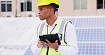 Rooftop, solar panels or black man with tablet in engineering planning construction or photovoltaic inspection. Sustainability, digital or male electrician working on renewable energy or electricity 