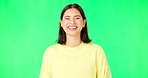 Happy, laughing and the face of a woman on a green screen isolated on a studio background. Smile, beautiful and portrait of a girl with confidence, happiness and positivity on a mockup backdrop