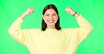 Strong, happy face and woman muscle flex with green screen and smile from wellness. Gender equality, isolated and studio background with a young female feeling proud and confident from win and youth