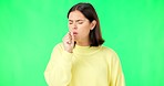 Sick woman, coughing and flu on green screen, cold and virus from breathing problem. Female model, pain and cough for asthma attack, tuberculosis and sore throat of allergy, lungs or covid in studio