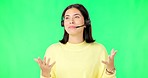 Woman, call center and consulting with headphones on green screen in customer service against a studio background. Happy female consultant or agent talking with headset for telemarketing on mockup