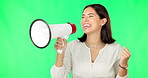 Megaphone, green screen and happy woman isolated on studio background broadcast, sale or announcement. Excited person or speaker speaking, voice or speech for retail or promotion deal in studio