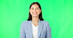 Smile, business woman and face on green screen, studio and color background for confidence, happiness and pride. Portrait of happy young model, female employee and empowerment of professional worker