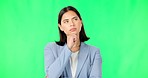 Thinking, business and woman on green screen for ideas, questions and brainstorming. Female model, serious worker and daydream of solution, decision and planning memory, choice and visionary mindset