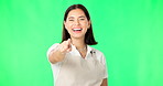 You, green screen and woman pointing for promotion or promo isolated in a studio studio background. Deal, sale and portrait of female showing advertising, marketing and a choice or option