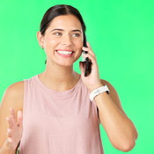 Girl Calling Screen Phone call, happy and excited with a woman on a green screen background ...