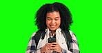 Phone, thinking and gps with a woman on a green screen background in studio for hiking navigation. Mobile, contact and directions with a happy young female backpacker travel in nature for adventure
