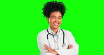 Doctor, arms crossed and smile with woman on green screen for medicine, expert and empowerment. Happy, medical and healthcare with portrait of female on studio background for mockup, science or pride