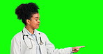 Pointing, doctor and confused with woman on green screen for offer, promotion and medicine. Healthcare, medical and idea with portrait of female and mockup on studio background for science or results