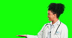 Mockup, doctor and choice with woman on green screen for offer, promotion and medicine. Healthcare, medical and idea with portrait of female on studio background for science, results and expert