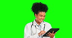 Green screen doctor, tablet and happy woman scroll on tech device for hospital research, healthcare study or medicine report. Nurse, chroma key surgeon or person reading info on studio background 