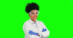 Green screen scientist, arms crossed and happy woman with confidence, medical vocation pride and healthcare smile. Science portrait, chroma key person and female doctor isolated on studio background