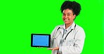Face, woman and doctor with a tablet, green screen and healthcare against studio background. Portrait, female surgeon or medical professional with a device, smile or employee with tech for innovation