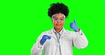 Green screen chemical, scientist or woman smell liquid for quality check, inspection test or science. Bad finger shake, chroma key portrait or person with thumbs up satisfaction on studio background